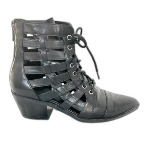 TREASURE & BOND Black Leather Woven Cutout Lace-up Ankle Boots - Size 8
